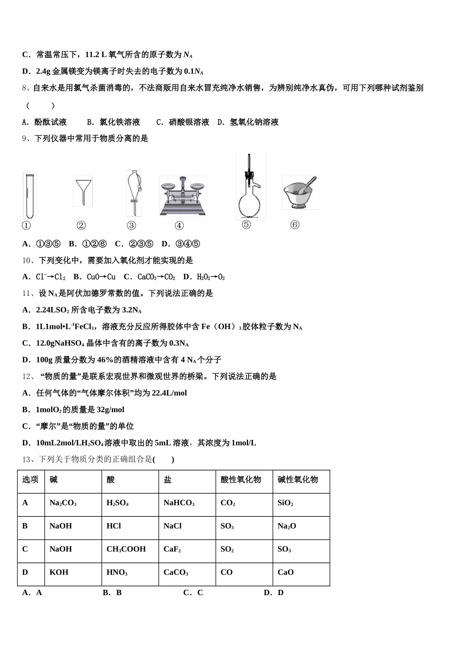 2025年江苏省蒋王中学化学高一上期中学业水平测试试题含解析_第2页