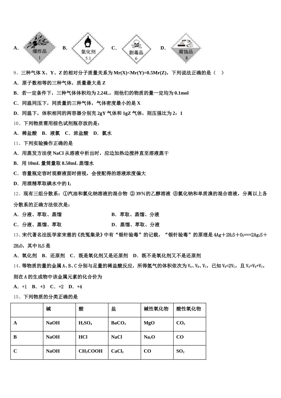 宁夏回族自治区石嘴山市第三中学2026届化学高一上期中学业水平测试模拟试题含解析_第2页