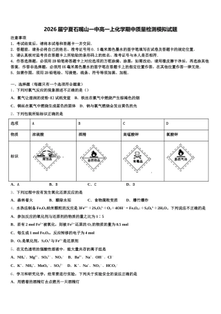2026届宁夏石嘴山一中高一上化学期中质量检测模拟试题含解析
