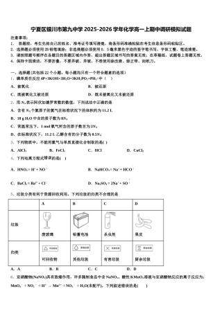 宁夏区银川市第九中学2025-2026学年化学高一上期中调研模拟试题含解析