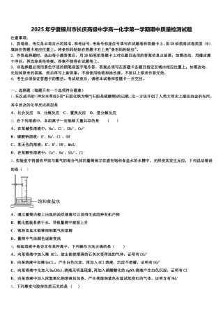 2025年宁夏银川市长庆高级中学高一化学第一学期期中质量检测试题含解析