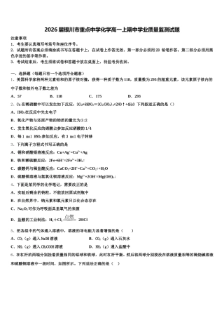 2026届银川市重点中学化学高一上期中学业质量监测试题含解析