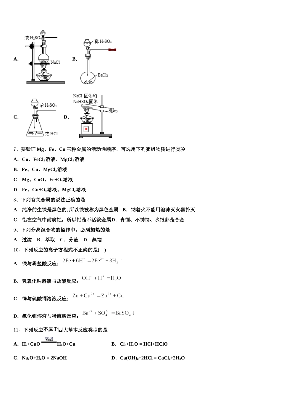 2025年宁夏回族自治区石嘴山市第一中学高一上化学期中统考模拟试题含解析_第2页