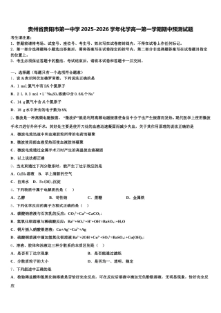 贵州省贵阳市第一中学2025-2026学年化学高一第一学期期中预测试题含解析