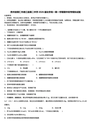 贵州省铜仁市德江县第二中学2026届化学高一第一学期期中统考模拟试题含解析