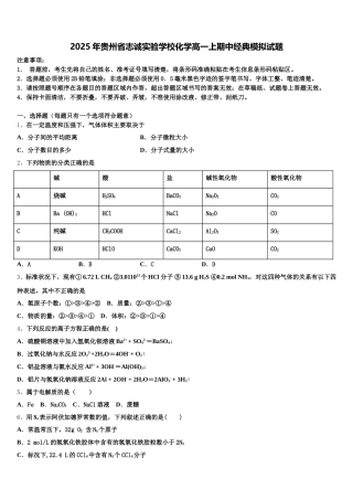 2025年贵州省志诚实验学校化学高一上期中经典模拟试题含解析