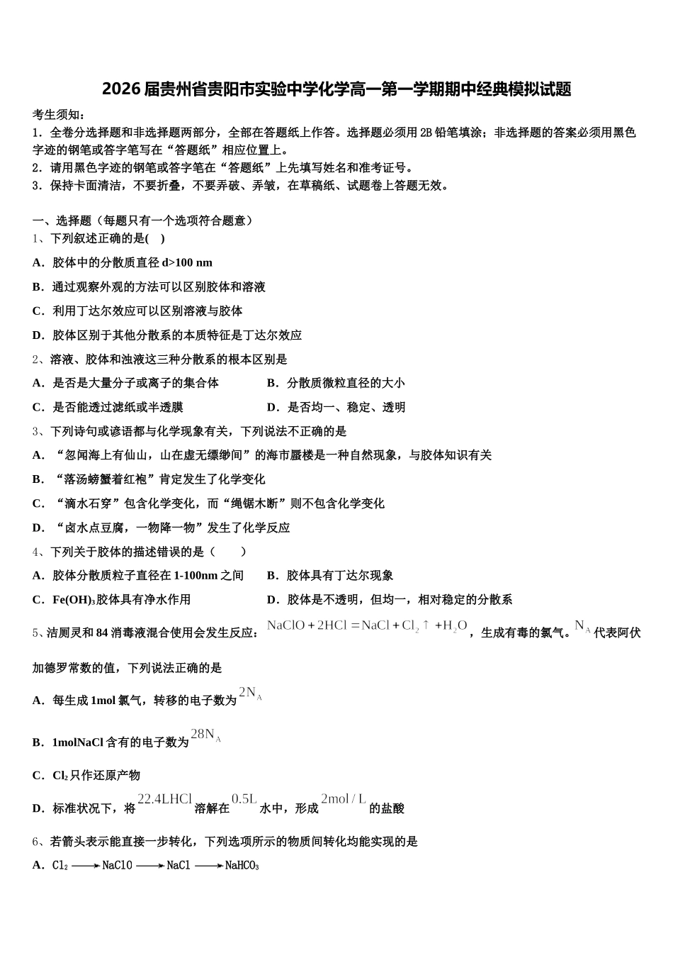 2026届贵州省贵阳市实验中学化学高一第一学期期中经典模拟试题含解析_第1页