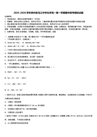 2025-2026学年贵州省乌江中学化学高一第一学期期中联考模拟试题含解析