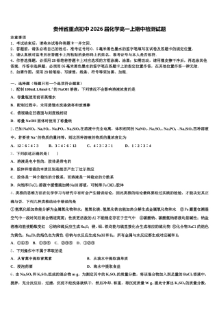 贵州省重点初中2026届化学高一上期中检测试题含解析
