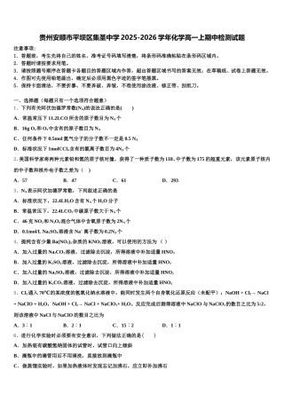 贵州安顺市平坝区集圣中学2025-2026学年化学高一上期中检测试题含解析