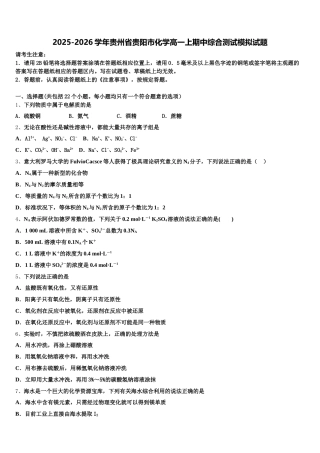 2025-2026学年贵州省贵阳市化学高一上期中综合测试模拟试题含解析