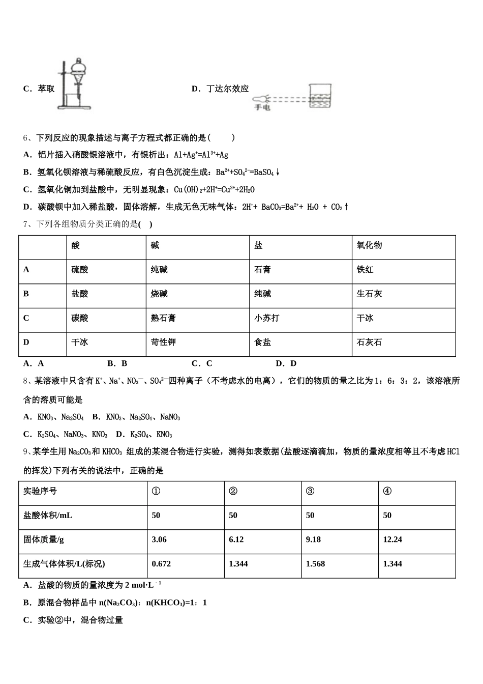 2025年贵州省铜仁市铜仁伟才学校高一化学第一学期期中统考模拟试题含解析_第2页