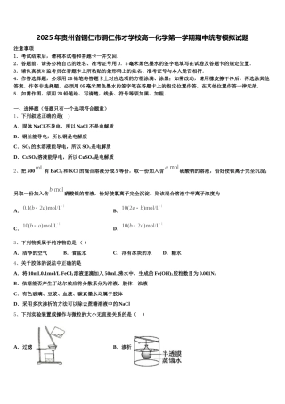 2025年贵州省铜仁市铜仁伟才学校高一化学第一学期期中统考模拟试题含解析