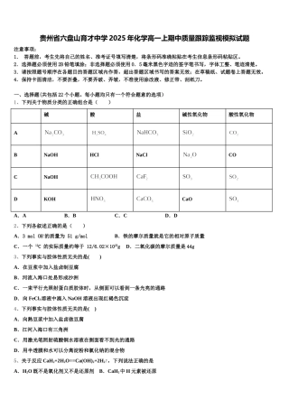 贵州省六盘山育才中学2025年化学高一上期中质量跟踪监视模拟试题含解析