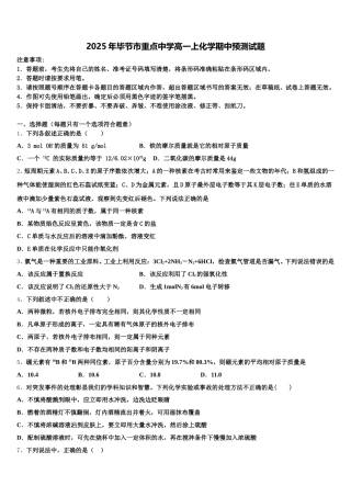 2025年毕节市重点中学高一上化学期中预测试题含解析