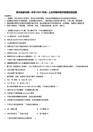 贵州省都匀第一中学2025年高一上化学期中教学质量检测试题含解析