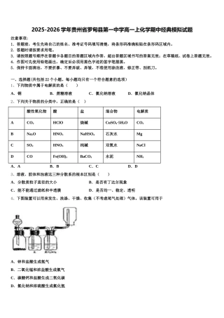 2025-2026学年贵州省罗甸县第一中学高一上化学期中经典模拟试题含解析