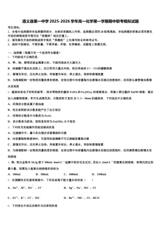 遵义县第一中学2025-2026学年高一化学第一学期期中联考模拟试题含解析