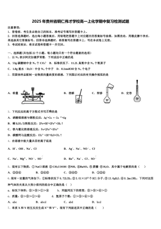 2025年贵州省铜仁伟才学校高一上化学期中复习检测试题含解析
