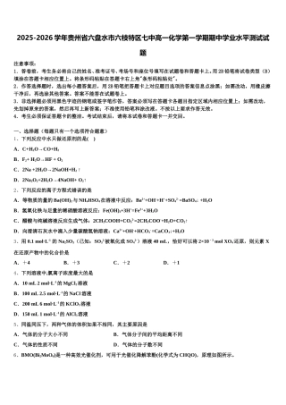 2025-2026学年贵州省六盘水市六枝特区七中高一化学第一学期期中学业水平测试试题含解析