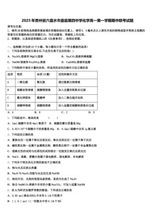 2025年贵州省六盘水市盘县第四中学化学高一第一学期期中联考试题含解析