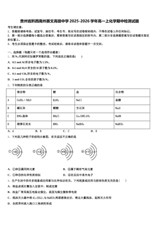 贵州省黔西南州赛文高级中学2025-2026学年高一上化学期中检测试题含解析