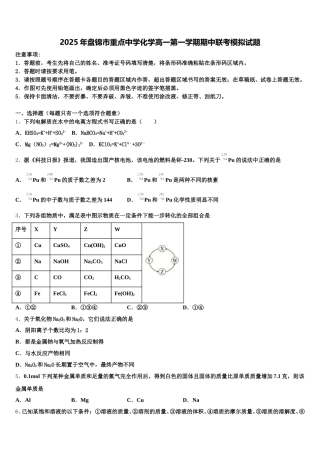 2025年盘锦市重点中学化学高一第一学期期中联考模拟试题含解析