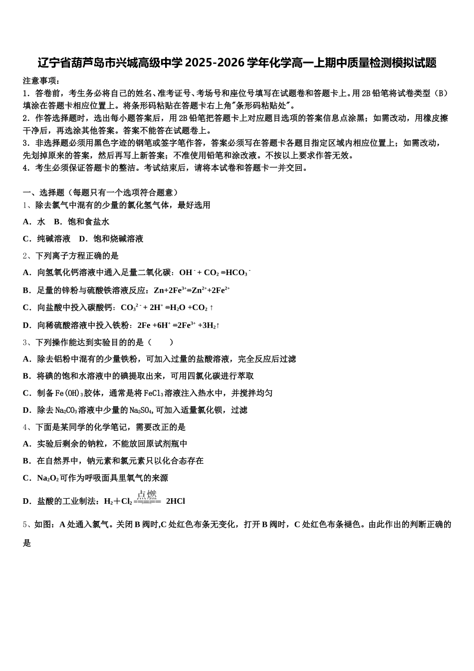 辽宁省葫芦岛市兴城高级中学2025-2026学年化学高一上期中质量检测模拟试题含解析_第1页