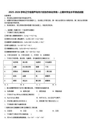 2025-2026学年辽宁省葫芦岛市六校协作体化学高一上期中学业水平测试试题含解析