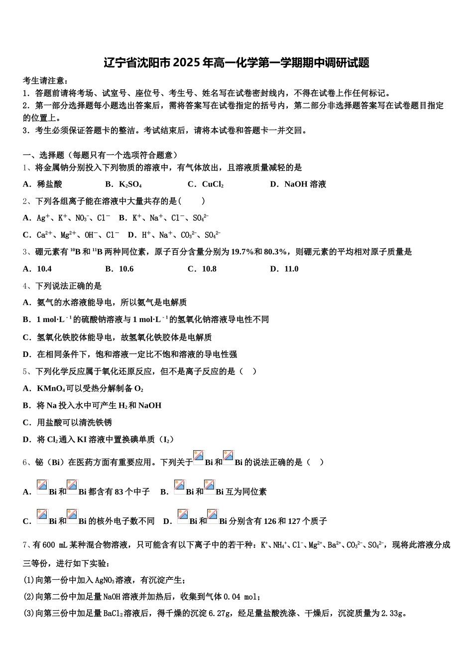 辽宁省沈阳市2025年高一化学第一学期期中调研试题含解析_第1页