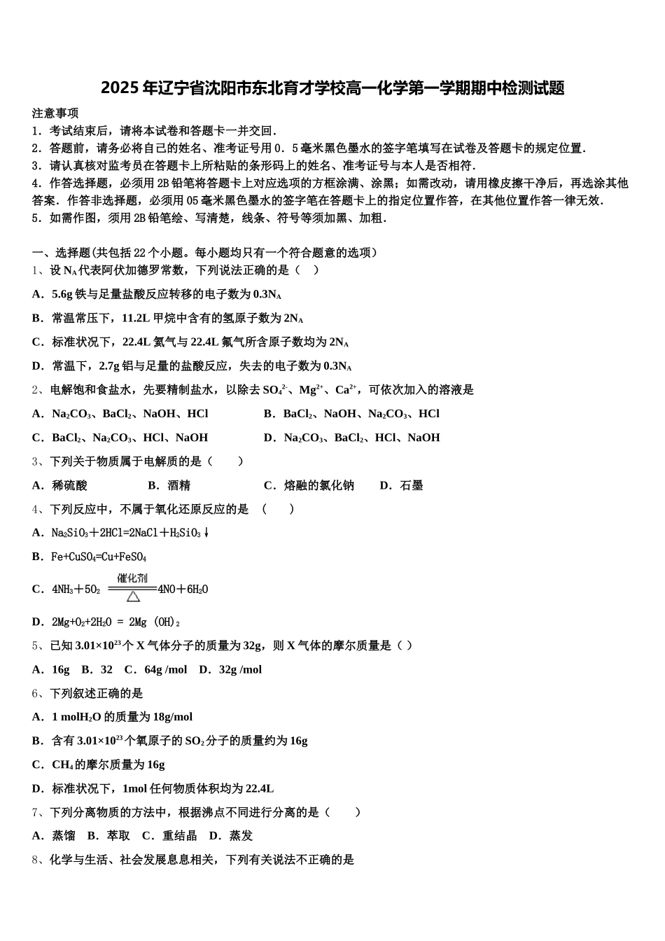 2025年辽宁省沈阳市东北育才学校高一化学第一学期期中检测试题含解析_第1页