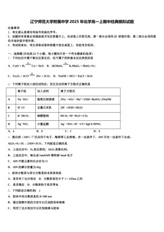 辽宁师范大学附属中学2025年化学高一上期中经典模拟试题含解析