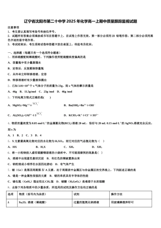 辽宁省沈阳市第二十中学2025年化学高一上期中质量跟踪监视试题含解析
