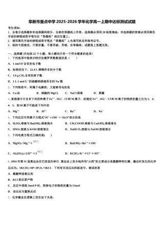 阜新市重点中学2025-2026学年化学高一上期中达标测试试题含解析