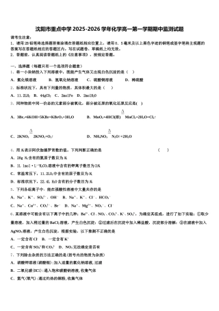沈阳市重点中学2025-2026学年化学高一第一学期期中监测试题含解析