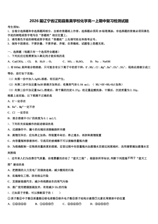2026届辽宁省辽阳县集美学校化学高一上期中复习检测试题含解析