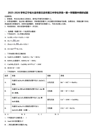 2025-2026学年辽宁省大连市普兰店市第三中学化学高一第一学期期中调研试题含解析