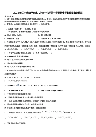 2025年辽宁省葫芦岛市八中高一化学第一学期期中学业质量监测试题含解析