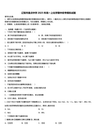 辽阳市重点中学2025年高一上化学期中统考模拟试题含解析