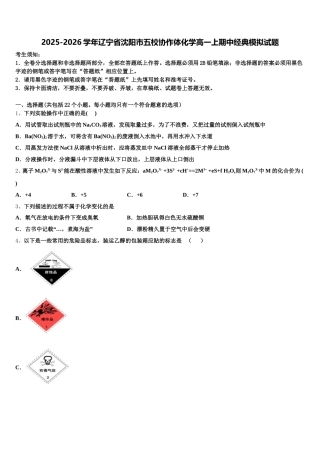 2025-2026学年辽宁省沈阳市五校协作体化学高一上期中经典模拟试题含解析