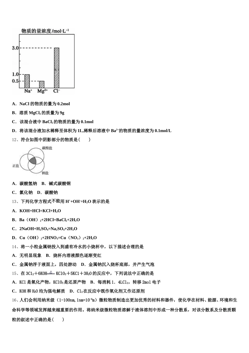 2025年辽宁省辽河油田第二中学化学高一第一学期期中学业质量监测试题含解析_第3页