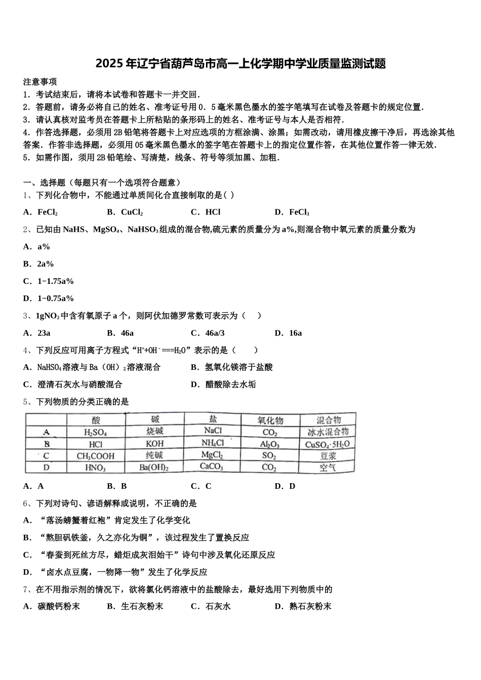 2025年辽宁省葫芦岛市高一上化学期中学业质量监测试题含解析_第1页