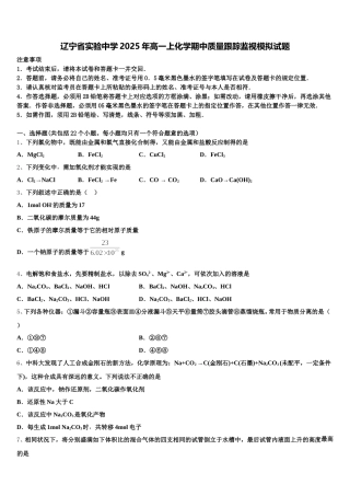 辽宁省实验中学2025年高一上化学期中质量跟踪监视模拟试题含解析
