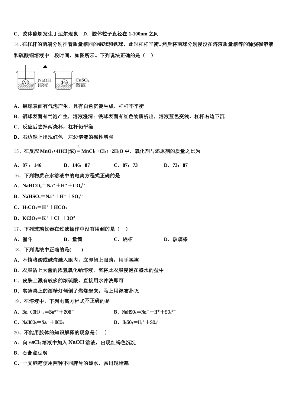 辽宁省重点六校协作体2025年高一上化学期中质量检测试题含解析_第3页