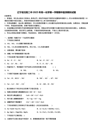 辽宁省沈阳二中2025年高一化学第一学期期中监测模拟试题含解析