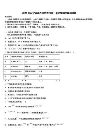 2025年辽宁省葫芦岛协作校高一上化学期中监测试题含解析
