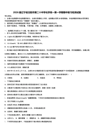 2026届辽宁省沈阳市第二十中学化学高一第一学期期中复习检测试题含解析