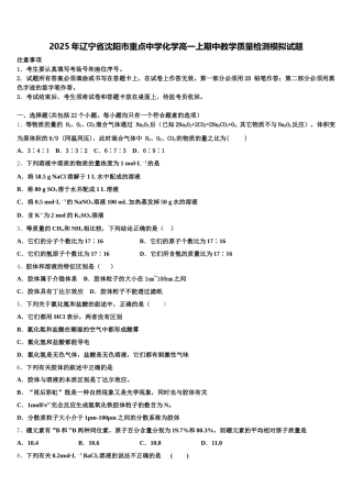 2025年辽宁省沈阳市重点中学化学高一上期中教学质量检测模拟试题含解析