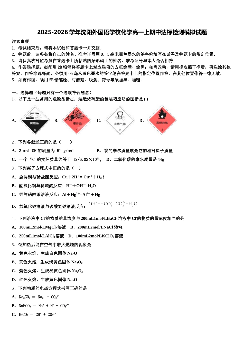 2025-2026学年沈阳外国语学校化学高一上期中达标检测模拟试题含解析_第1页