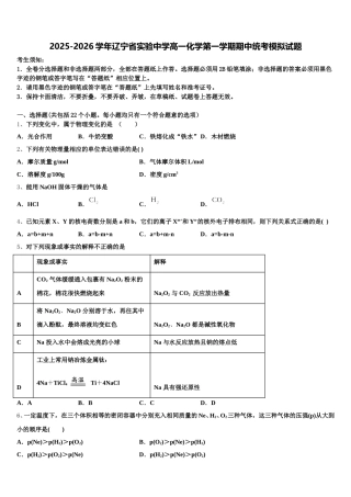 2025-2026学年辽宁省实验中学高一化学第一学期期中统考模拟试题含解析